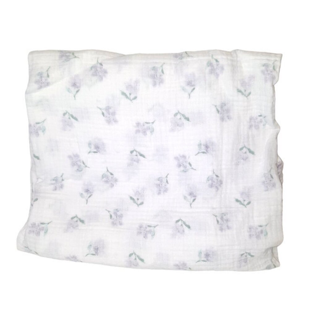 Burt's Bee Purple Flowers Organic Muslin Swaddle Wrap Baby Blanket 44" X 46"